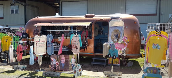 Shopping for clothes at First Monday ... in the antique Airstream Trailer!