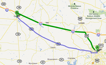 Driving routes between Tyler and Canton Texas
