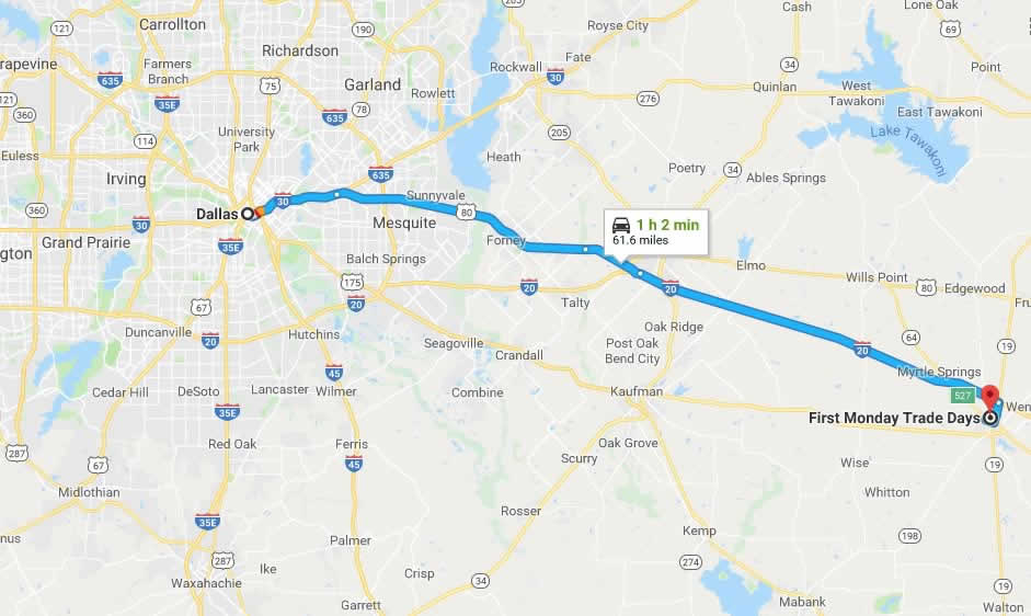 Map showing driving directions from Dallas - Fort Worth to Canton First Monday Trade Days